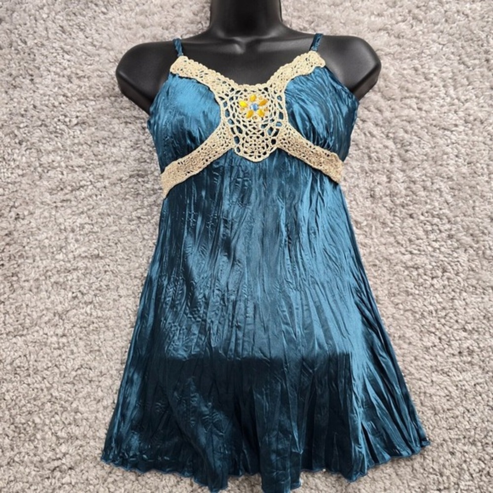 Dolled Up by FANG Crochet Camisole Top Small Teal Blue Crinkle Satin Boho Fairy